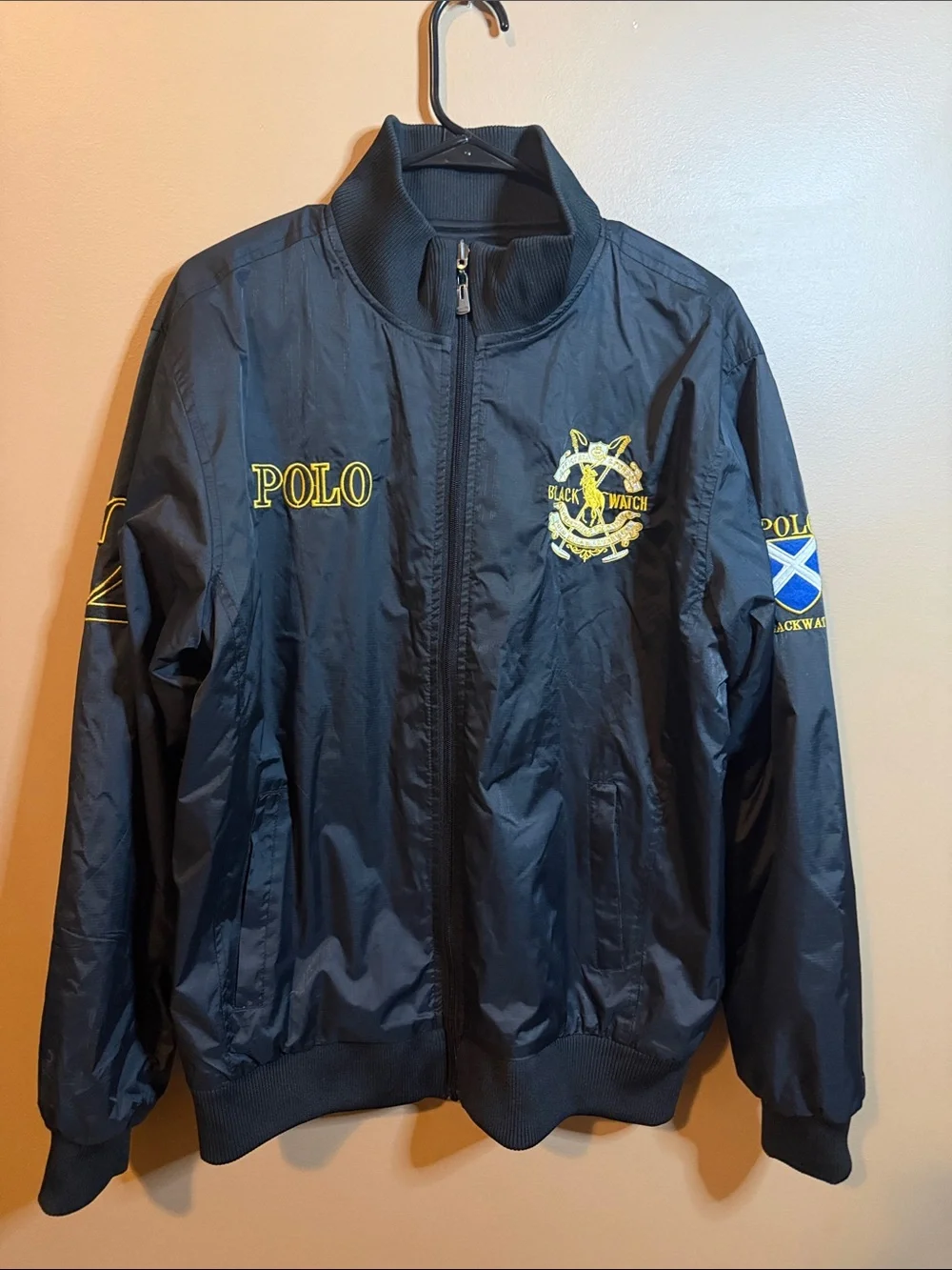 Polo by Ralph Lauren Black Bomber Jacket with Stand-Up Collar(Reversable)